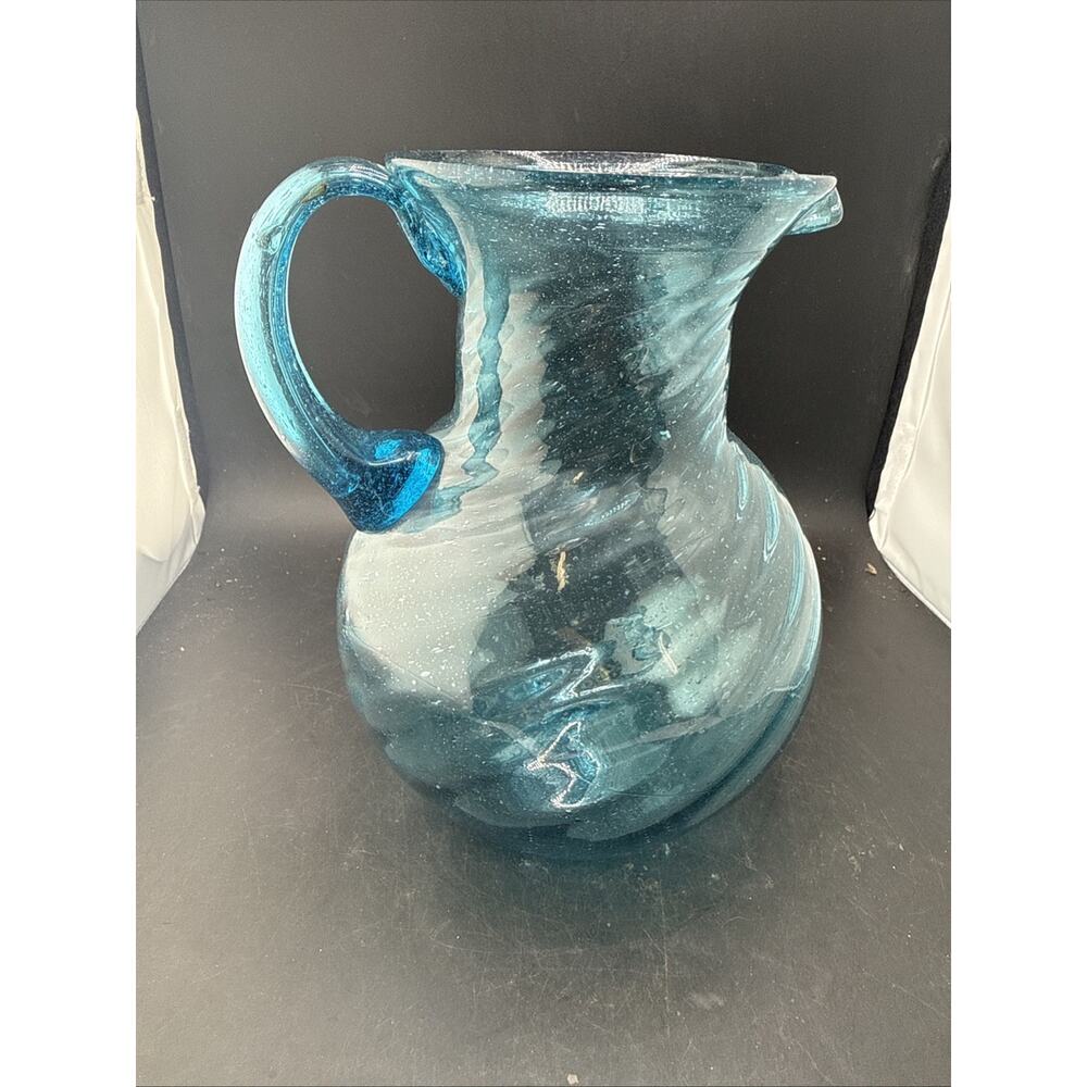 Hand Blown Art Glass Pitcher Aqua Blue Controlled Bubble Pontil Mark Vintage